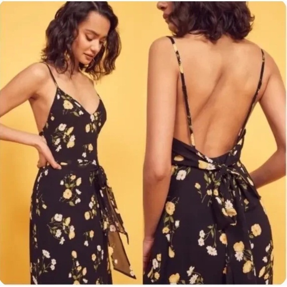 Reformation Dietrich Georgette Midi Dress Piazza Floral Black‎ Womens Size 2
